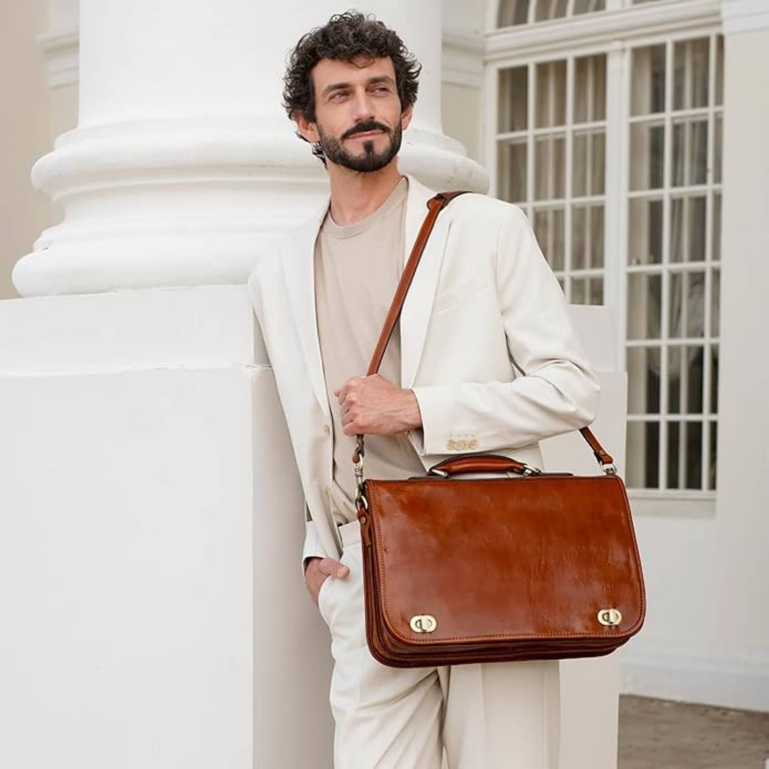 Mens leather briefcase in full-grain cowhide